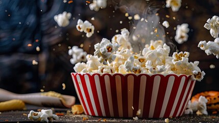 Close-up of popcorn in a striped bowl with popcorn pieces flying in the air. Perfect for movie night concepts.