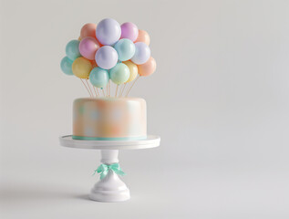 Anniversary cake with helium balloons. Pastel colours. Clean empty background