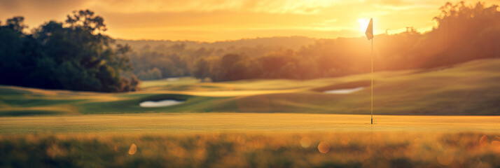 Sunset Golf Course Landscape with Flagstick and Lush Greens in the Evening Light