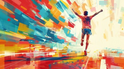 Colorful marathon winner finish background, sport and activity background, An inspiring marathon poster featuring a runner crossing the finish line, Abstract image elements and vibrant colors