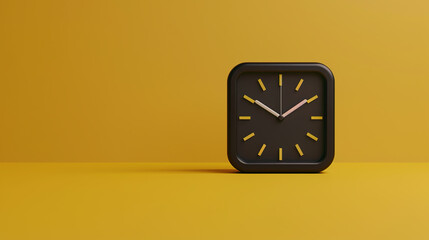 A black alarm clock with yellow bcakground.