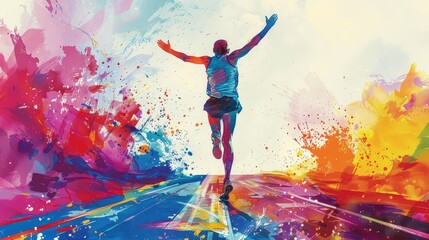 Colorful marathon winner finish background, sport and activity background, An inspiring marathon poster featuring a runner crossing the finish line, Abstract image elements and vibrant colors