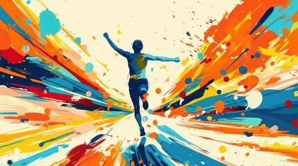 Colorful marathon winner finish background, sport and activity background, An inspiring marathon poster featuring a runner crossing the finish line, Abstract image elements and vibrant colors