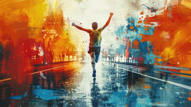 Colorful marathon winner finish background, sport and activity background, An inspiring marathon poster featuring a runner crossing the finish line, Abstract image elements and vibrant colors