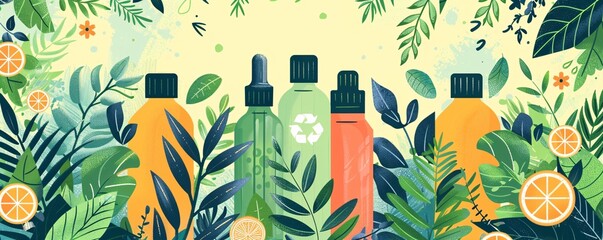 Green products on a vibrant background, overlaid with eco-friendly icons and leaf designs, emphasizing the importance of environmental sustainability.