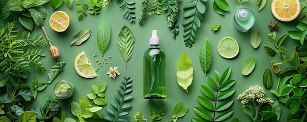 Green products on a vibrant background, overlaid with eco-friendly icons and leaf designs, emphasizing the importance of environmental sustainability.