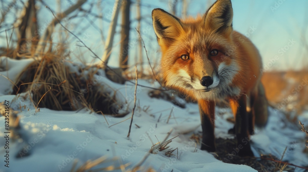 Poster a close up image of a fox in the snow, suitable for nature themes