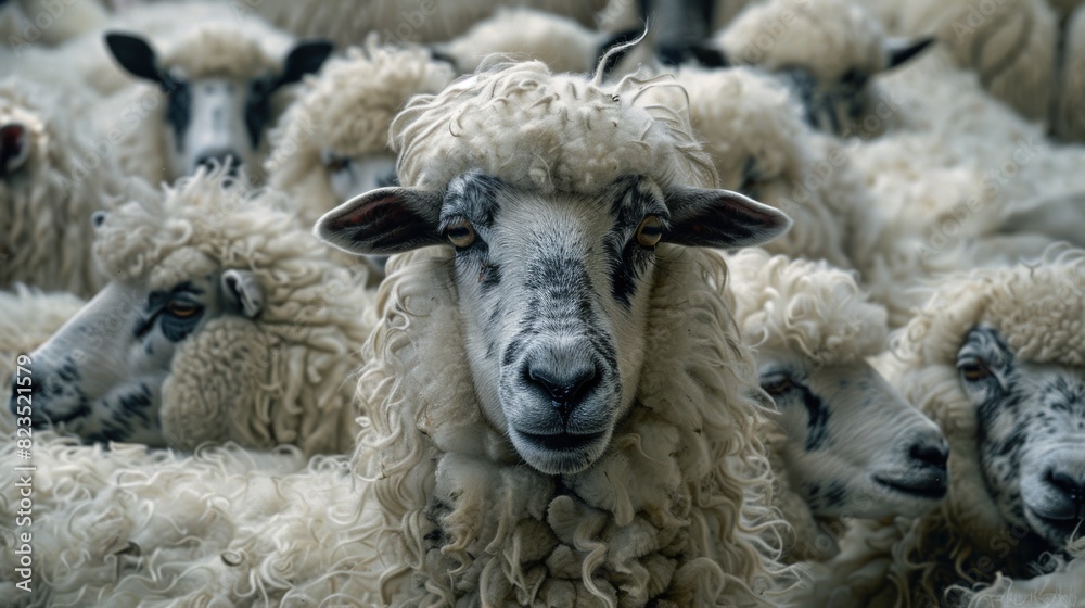 Poster A herd of sheep gathered in a field, ideal for agricultural concepts