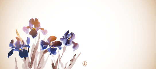 Ink painting of purple iris flowers. Traditional oriental ink painting sumi-e, u-sin, go-hua in vintage style. Hieroglyph - spring