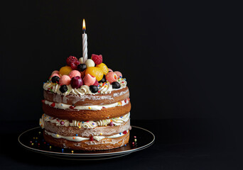 Anniversary birthday cream fruit sponge cake. One candle. Black background.