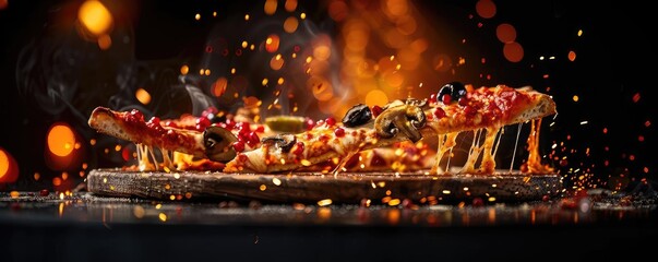Close-up of a delicious, cheesy, and crispy pizza with toppings, perfectly baked and served on a wooden board with a fiery background.