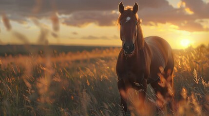 Majestic horse standing in a field at sunset. Perfect for nature and animal lovers
