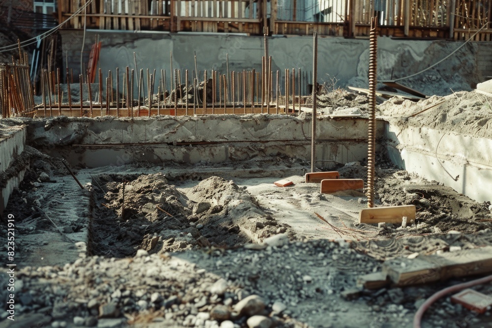 Poster A construction site with a pile of rubble and a building in the background. Suitable for construction industry concepts