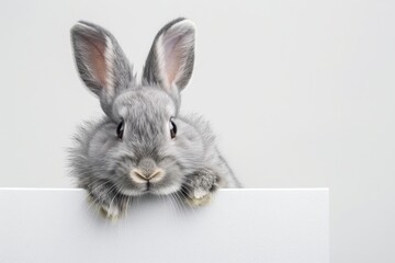 Obraz premium A gray rabbit sitting on top of a white board. Can be used for educational or animal-themed designs