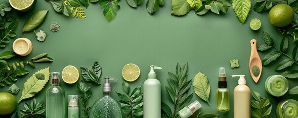 A variety of green products displayed on a natural background, with an overlay of eco-friendly symbols and green leaves, promoting environmental consciousness.