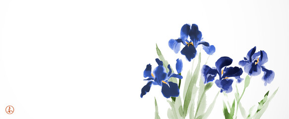 Ink painting of blue iris flowers. Traditional oriental ink painting sumi-e, u-sin, go-hua. Hieroglyph - spring