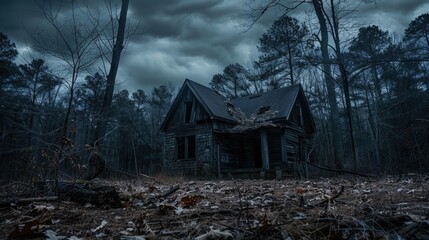 Creepy abandoned house in the woods at night. Perfect for horror themes