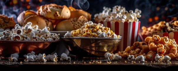 A variety of snack foods including popcorn, pretzels, and caramel corn, perfect for a movie night or party setting.