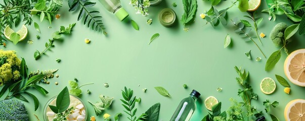 Organic and biodegradable products on a vibrant green background, overlaid with images of plants and recycling icons, highlighting sustainable living.