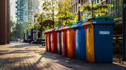 Photo plastic garbage containers for sorting, separate garbage and trash collection. The problem of ecology, waste recycling, waste disposal, reusable use, recyclables use, consumer culture.