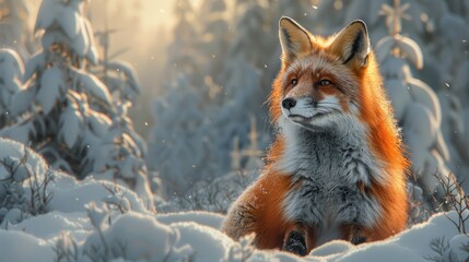 A majestic red fox sits in a snowy landscape basking in the golden sunlight of a winter morning