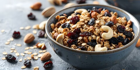 Granola mix with nuts raisins and dried cranberries for a homemade snack. Concept Granola, Nuts, Raisins, Dried Cranberries, Homemade Snack