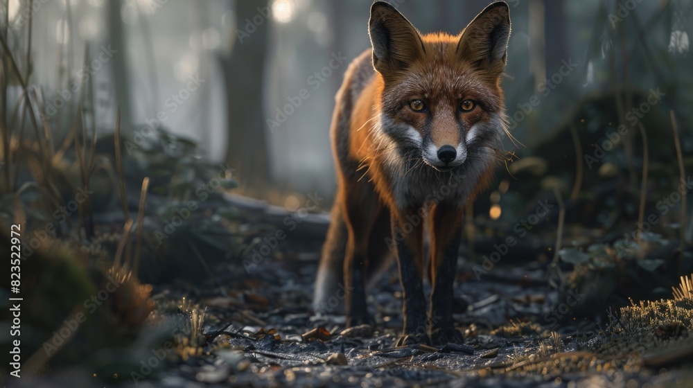 Poster a red fox standing in a forest. suitable for nature and wildlife concepts