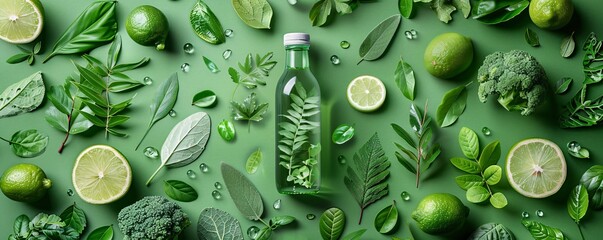 Green products showcased on a fresh, natural background, with an overlay of leaves and eco-friendly symbols, promoting a healthy environment.