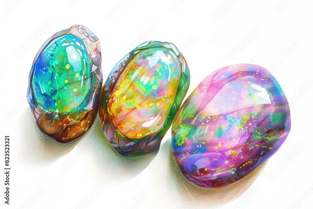 Poster three colorful rocks on a white surface, suitable for various design projects