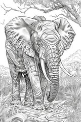 Detailed drawing of an elephant in its natural habitat. Suitable for educational materials or wildlife conservation campaigns