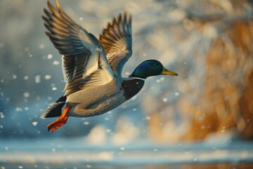 Obraz premium A duck gracefully flying over a serene body of water. Perfect for nature and wildlife themes