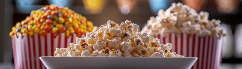 A variety of popcorn displayed in bowls and striped containers, perfect for movie nights or snacks. Includes caramel and butter flavors.