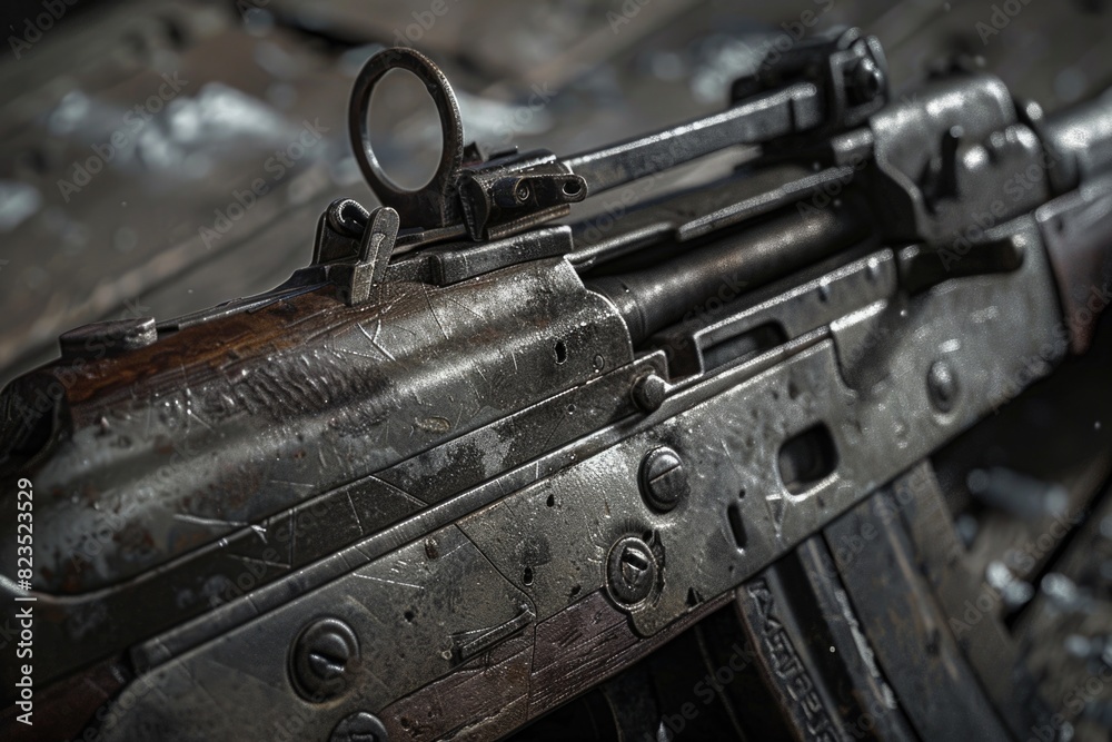 Poster A detailed view of a machine gun on a table, suitable for military or security concepts