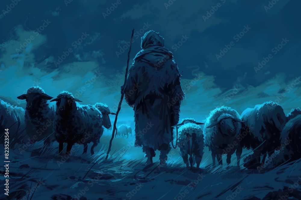 Poster a man standing in front of a herd of sheep. suitable for agriculture concepts