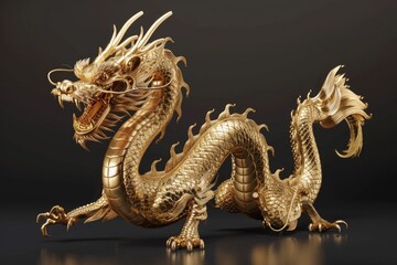 Fototapeta premium A majestic golden dragon statue on a sleek black surface. Ideal for decorative purposes