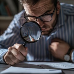 Fototapeta premium Careful documents study, man looking through magnifier, scientific research, searching, investigation