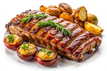 stuffed pork ribs with baked potatoes on a white plate