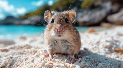 A close-up image of a small, cute rodent with prominent whiskers standing on a sandy beach with blue skies