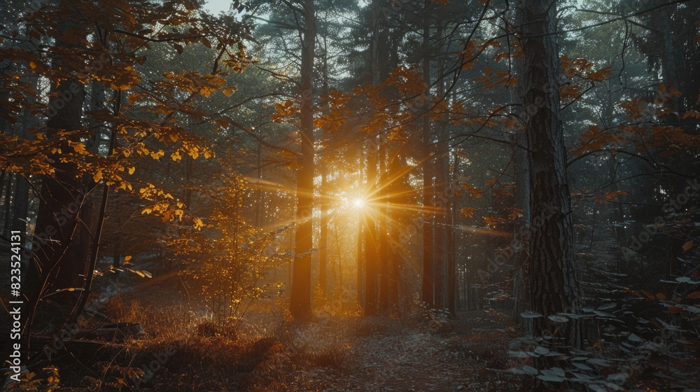 Poster sunlight shining through trees in a peaceful forest setting. ideal for nature and outdoor themed des