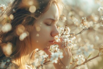 Pollen allergy, young woman is going to sneeze closeup, flowering trees rhinitis, nose sensitivity