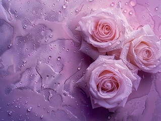 Roses Arranged on a Grape Purple Background with Water Drops, Romantic Scenes, Grainy Texture, 