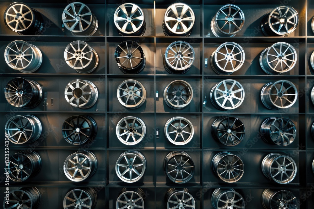 Poster a wall of rims on display in a store. ideal for automotive and retail concepts