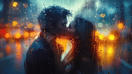 A couple, a man and a woman, kiss outside a window drenched in rain against the backdrop of the evening city. Selective focus. Romance, love, Valentine's day.