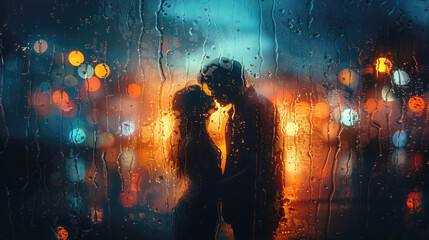 A couple, a man and a woman, kiss outside a window drenched in rain against the backdrop of the evening city. Selective focus. Romance, love, Valentine's day.