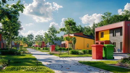 Photo plastic garbage containers for sorting, separate garbage and trash collection. The problem of ecology, waste recycling, waste disposal, reusable use, recyclables use, consumer culture.