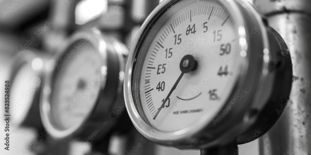 Poster detailed view of various gauges mounted on a wall. perfect for industrial, engineering, or monitorin