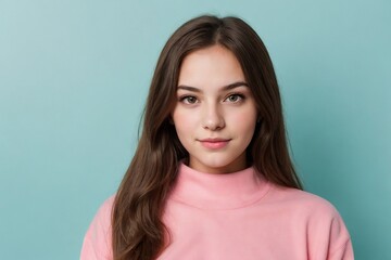 Fototapeta premium Beautiful young girl wearing a pink pullover, relaxed and looking at the camera with a blue or turquoise background and copy space.