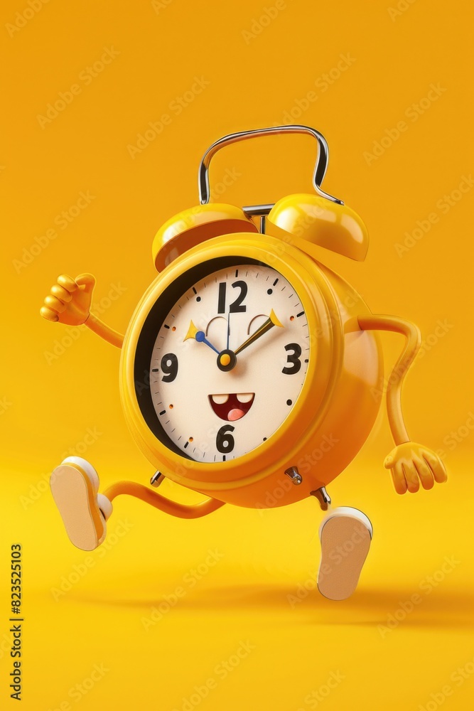 Poster a yellow alarm clock with arms and legs running. suitable for time management concepts