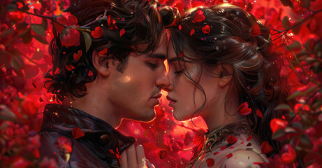 Couple in love, attractive man and woman hugging each other, ready to kiss. Cover of a book about love, red color, illustration for a romance novel.