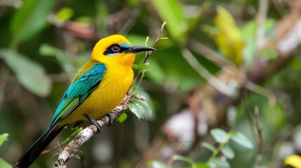 Vibrant bird on tree branch with colorful foliage against soft blurred background
